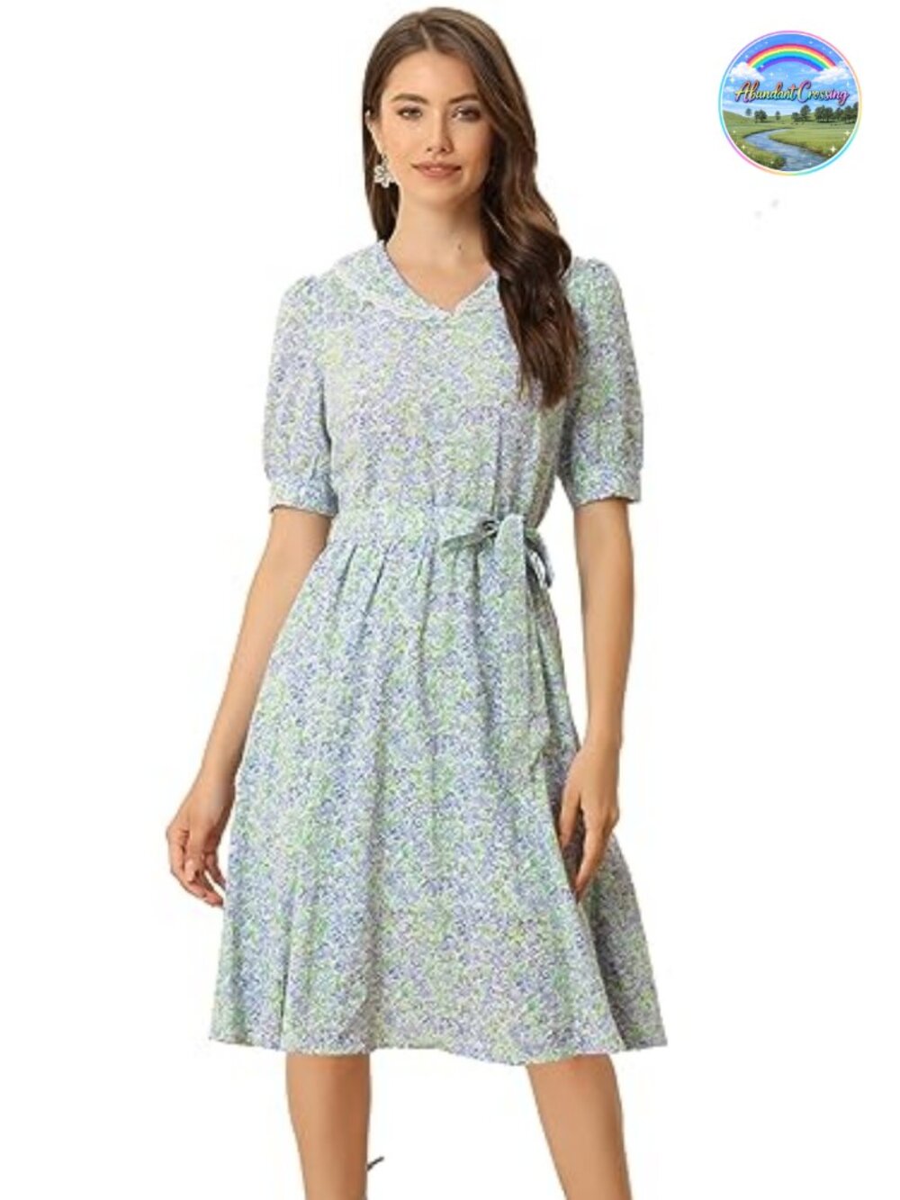 Vintage Peter Pan Collar Floral Midi Dress Button Cuffs Tie Belted
